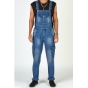 Men's Simple Denim Overalls Pure Color Kangaroo Pocket Regular Fit Denim Bib Overalls in Blue