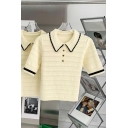 Funky Ladies Knit Top Contrast Stitching Spread Collar Short Sleeve Slim Fit Knit Top with Bow
