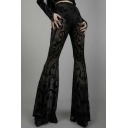 Unique Girls Pants Floral Pattern Elastic Waist High Rise Sheer Flared Bootcut Pants