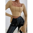 Sexy Womens Knit Top Square Neck Solid Color Ruffles Decorated Flare Sleeve Slim Fit Crop Knit Tee Top