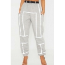 Casual Womens Pants Elastic Waist Reflective Stitching Elastic Cuff Loose Fit Joggers Pants in Gray