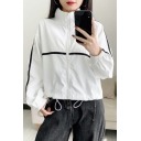 Leisure Womens Jacket Color Block Zip Fly Stand Collar Long Sleeve Cuffed Drawstring Bottom Workout Jacket
