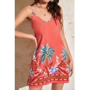 Elegant Women Cami Dress Tropical Print Sleeveless V Neck Regular Short Length Cami Dress