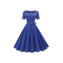 Chic Womens Pleated Dress Square Neck Polka Dot Print A-Line Midi Dress with Bow