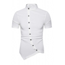 Unique Men Shirt Whole Colored Short Sleeve Stand Collar Skinny Irregular Button Fly Shirt