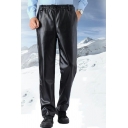 Casual Mens Drawstring Pants Plain PU Leather Pocket Detail Mid Rise Full Length Regular Fit Pants in Black