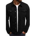 Simple Jacket Plain Button Closure Long Sleeve Spread Collar Regular Fit Denim Jacket for Men