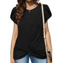 Designer Draped T-Shirt Pure Color Round Collar Loose Fit Ruffled Short Sleeve for Women
