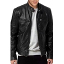 Men Simple Leather Jacket Plain Stand Collar Zip Closure Pocket Regular Leather Jacket