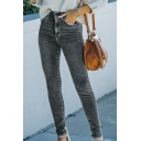 Chic Womens Skinny Jeans Zipper Up Acid Wash High Waist Ankle Length Jeans