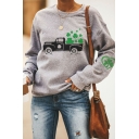 Women Urban Sweatshirt Plant Printed Round Neck Fitted Long-Sleeved Pullover Sweatshirt