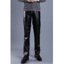 Formal Leather Pants Pure Color Zipper Pocket Regular Full Length Leather Pants for Men