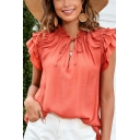Retro Womens Plain Shirt Lace-Up V Neck Ruffles Detail Cap Sleeve Regular Fit Shirt
