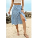 Beach Womens A-Line Skirt Floral Pattern High Waist Single Button Midi Wrap Skirt