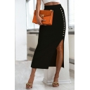 Simplicity Womens Skirt High Waist Solid Color Button Detail Split Side Midi Skirt((Not including Bag)