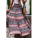 Vintage Ladies Asymmetrical Skirt Floral Pattern Elastic Waist High Low Skirt with Ruffles
