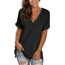 Simple Ladies T-Shirt Solid V-Neck Short Sleeve Side Split Oversized T-Shirt