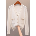 Classic Ladies Knit Top V Neck Contrast Stitching Button Closure Long Sleeve Loose Fit Knit Top