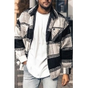 Urban Jacket Plaid Print Pocket Long Sleeve Regular Spread Collar Button up Jacket for Men