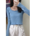 Leisure Womens Crop Knit Top Boat Neck Solid Color Slim Fit Long-Sleeved Knit Top with Ruffles