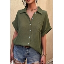 Leisure Womens Shirt Solid Color Button Down Spread Collar Turn-Up Short Sleeve Shirt