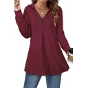 Womens Hoodie Solid Color Ruched Detail Skinny Long-Sleeved Hooded Button Hoodie