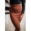 Casual Pencil Skirt Solid Color High Waist Slim Fit Midi Skirt for Women