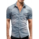 Fashion Men Shirt Solid Chest Pocket Short Sleeve Turn-down Collar Skinny Denim Shirt