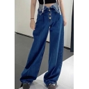 Vintage Womens Jeans Darkwash Blue Button Fly High Waist Wide Leg Denim Pants