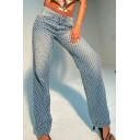 Vintage Womens Pants Knit Dot Zipper Fly High Waist Straight Wide Leg Denim Pants