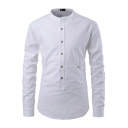 Leisure Shirt Plain Stand Collar Single Breasted Long Sleeve Shirt for Mens