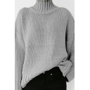 Basic Ladies Sweater Pure Color Stand Up Collar Relaxed Long Sleeve Pullover Sweater