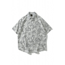 Dashing Shirt Leaf Pattern Point Collar Loose Fitted Short-Sleeved Button Placket Shirt