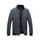 Men Unique Jacket Plaid Print Long Sleeve Fitted Zipper Stand Collar Baseball Jacket