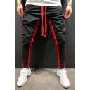 Stylish Mens Pants Stripe Print Drawstring Waist Mid Rise Skinny Fit Pants with Pocket