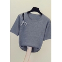 Designer Womens Knit Top Round Collar Hollow Detail Short Sleeve Loose Fit Knit Top with Bow