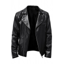 Men Boyish Jacket Whole Colored Zip Closure Chest Pocket Spread Collar Leather Jacket
