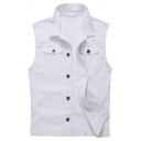 Basic Mens White Denim Vest Turn-down Collar Plain Button Closure Regular Fit Denim Vest with Pocket