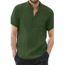 Mens Trendy Shirt Pure Color Round Collar Short Sleeve Regular Fitted Button down Shirt