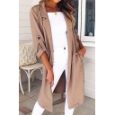 Trendy Womens Trench Coats Plain Notched Lapel Collar Open Front Loose Fit Long Trench Coat