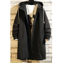 Dashing Guys Coat Plain Drawstring Hooded Long Sleeves Loose Fitted Zipper Trench Coat