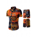 Retro Men's Set Tribal Print Short Sleeve Turn-down Collar Shirt with Drawstring Waist Shorts Set