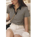 Casual Womens Polo Shirt V Neck Striped Pattern Short Sleeve Slim Fit Polo Shirt