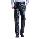 Modern Mens Pants PU Leather Pocket Detail Mid Rise Full Length Regular Fit Pants in Black