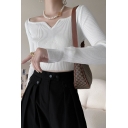 Stylish Ladies Crop Knit Top Boat Neck Solid Color Long Sleeve Slim Fit Knit Top