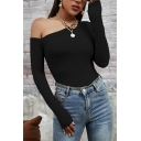 Funky Womens Knit Top One Shoulder Long Sleeve Slim Fitted Knit Top in Black