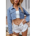 Stylish Cropped Denim Jacket Turn Down Collar Button Fly Loose Fit Denim Jacket for Women