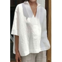 Casual Womens Shirt Plain V Neck Half Sleeve Cotton and Linen Loose Fit Blouses Shirt