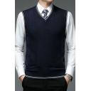 Casual Sweater Vest Stripe Print V-Neck Regular Fit Knitted Vest for Men