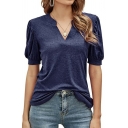 Women Formal T-shirt Whole Colored V Neck Short Sleeves Regular Fitted Puff Tee Shirt